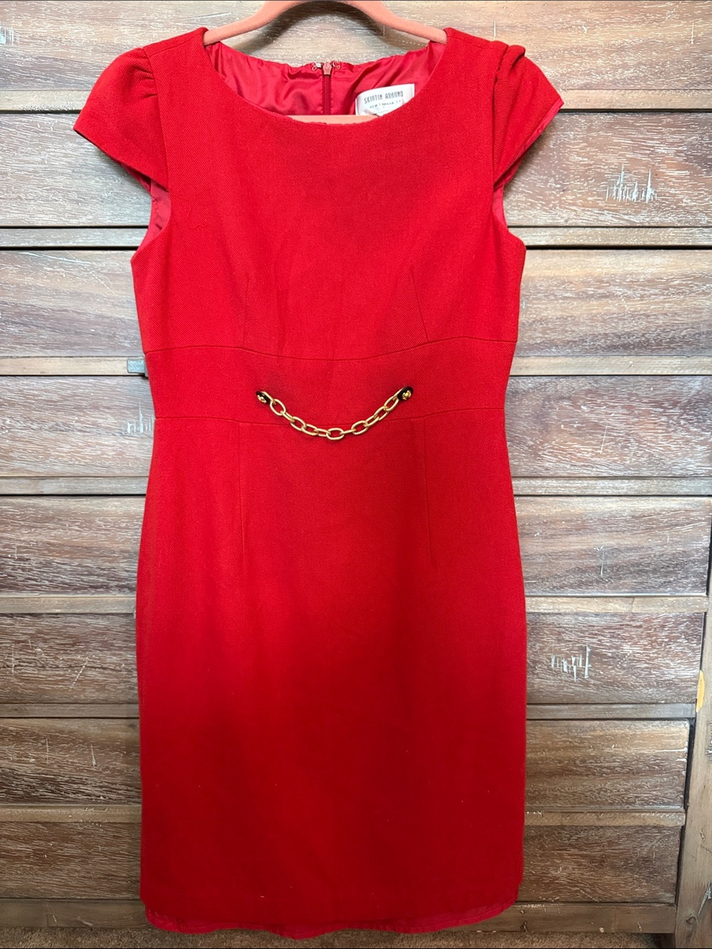 Skirtin Around Red Midi Sheath Dress with Gold Chain Waist